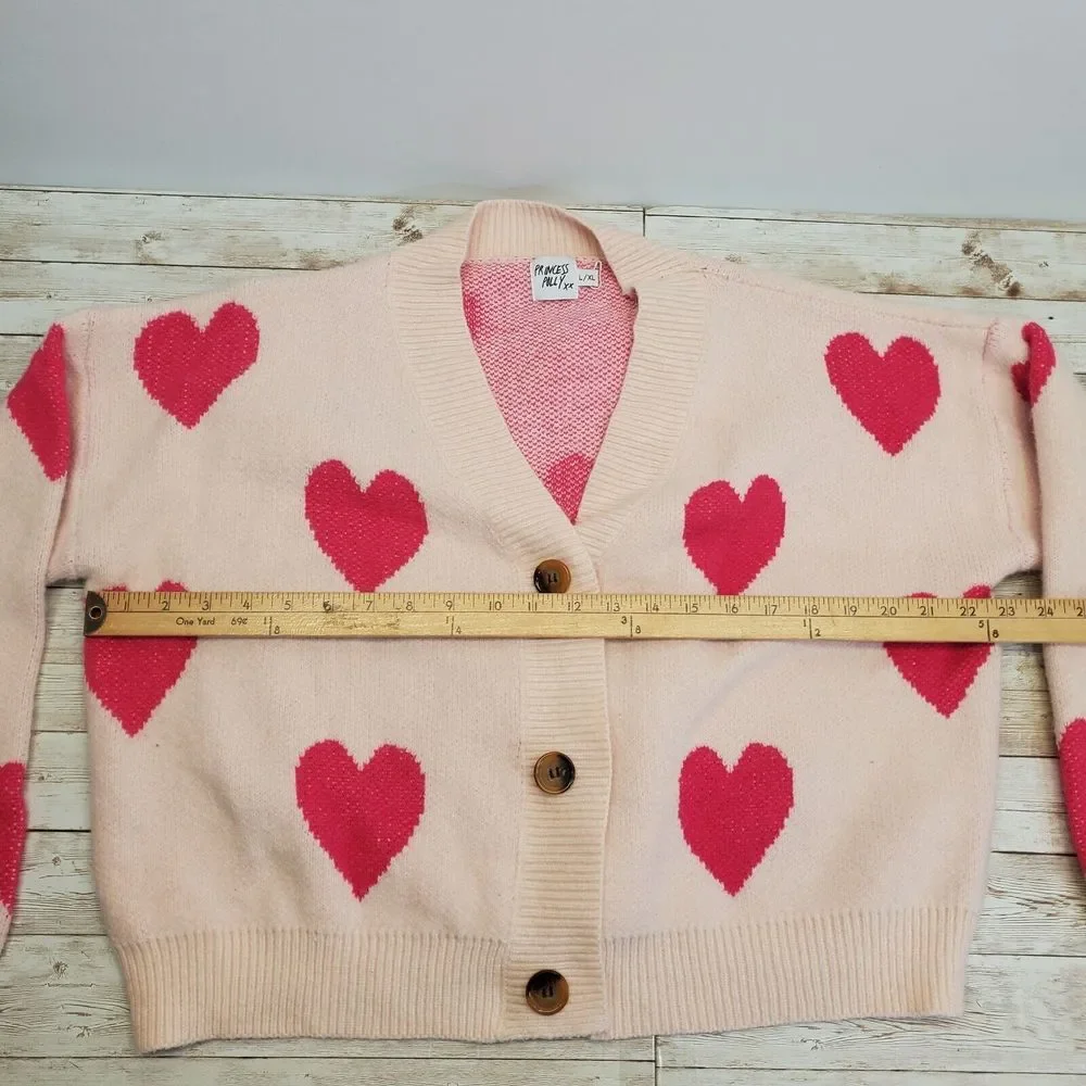 Princess Polly Fantastic Pink Heart Cardigan Size Large‎ XL Cropped Graphic Knit - Picture 7 of 8